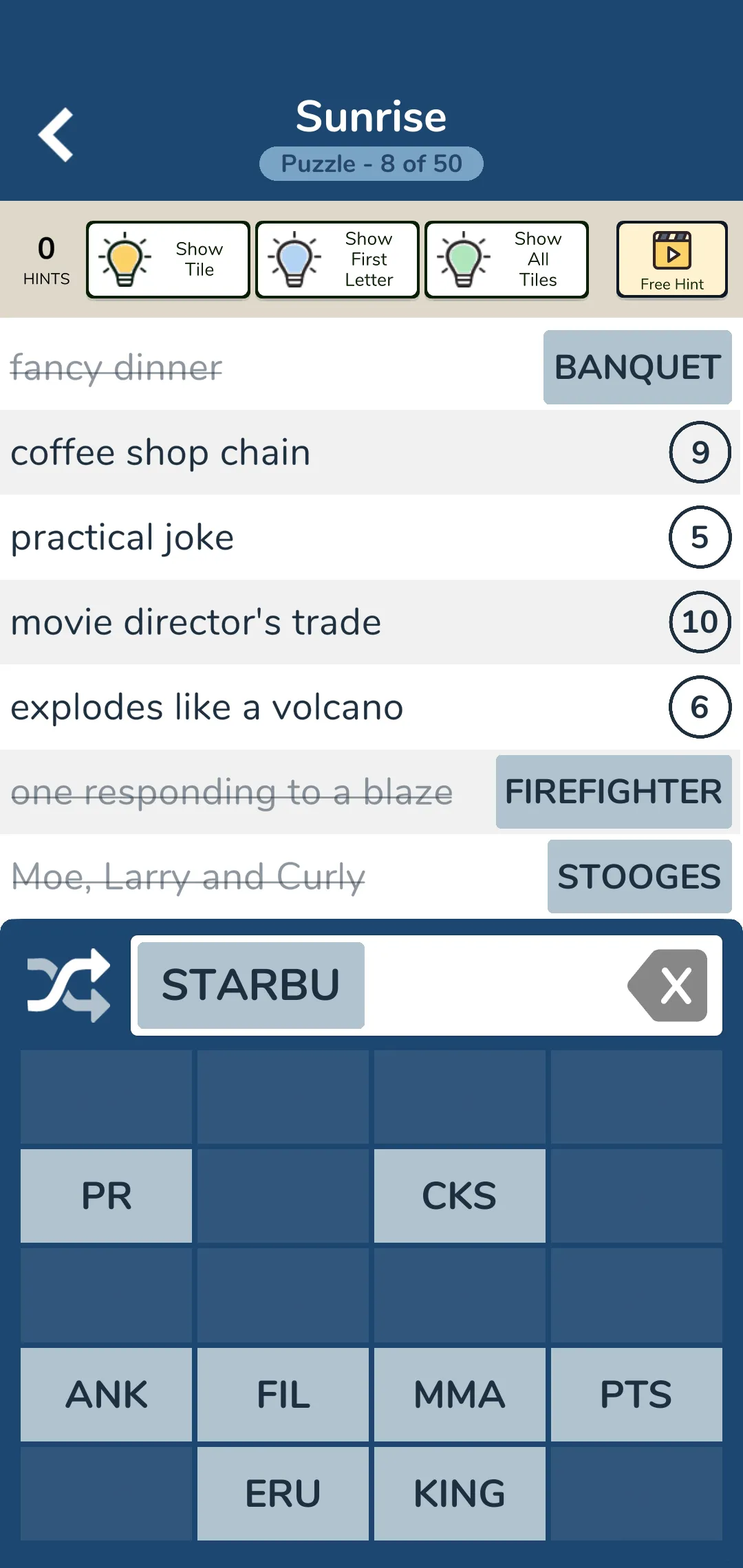 Screenshot of word puzzle game 7 Little Words from Blue Ox Family Games