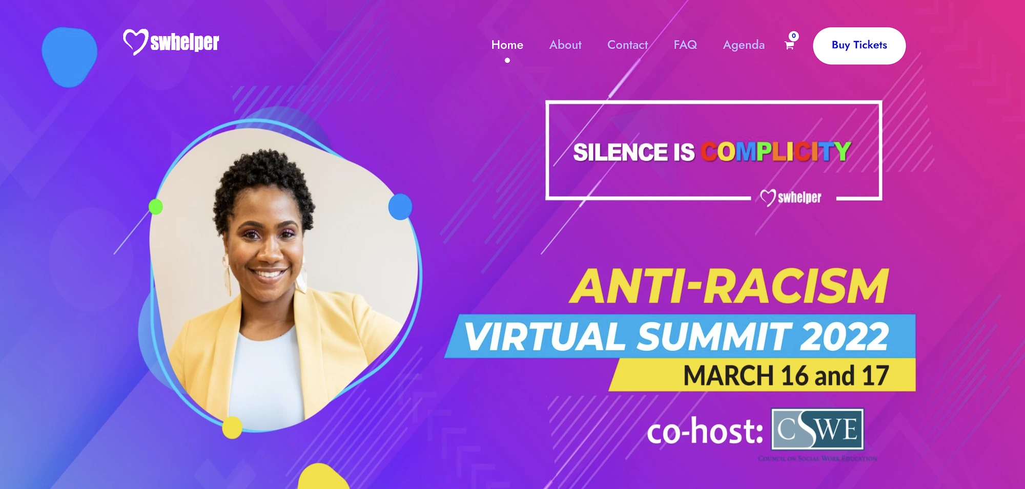 Screenshot of the event page for SW Helper's Anti-Racism Virtual Summit with an image of a woman and the event agenda.